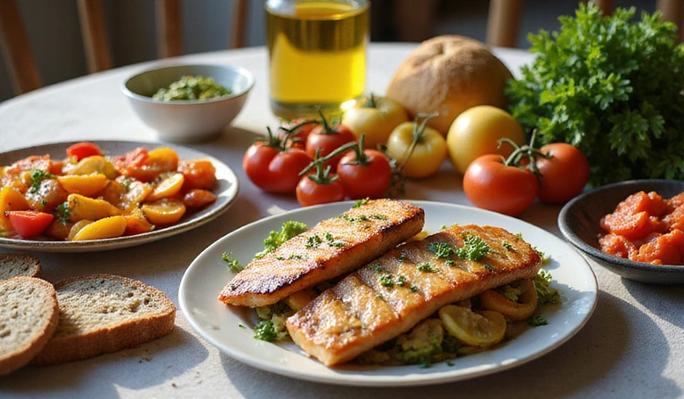 Un tavolo imbandito con piatti tipici della dieta mediterranea, come olio d'oliva, verdure fresche, pesce e pane integrale, sotto il sole.