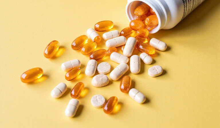 Vari integratori vitaminici e minerali in capsule e compresse, disposti in modo ordinato su uno sfondo pulito.