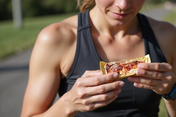 Atleta che mangia una barretta energetica dopo un allenamento intenso